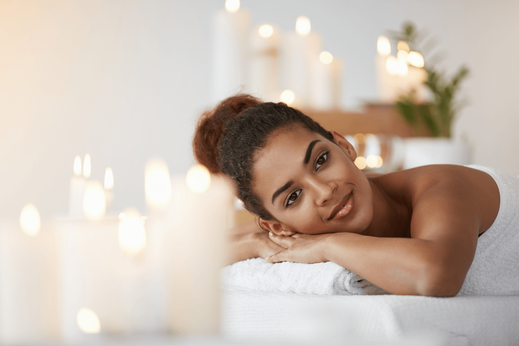 beautiful african woman smiling resting relaxing spa salon 1